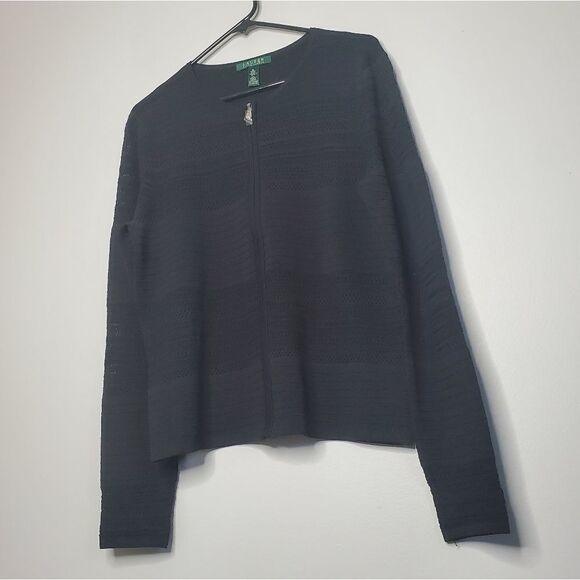 Lauren Ralph Lauren XL Cardigan Black Zip Up Striped Knit - Picture 1 of 10